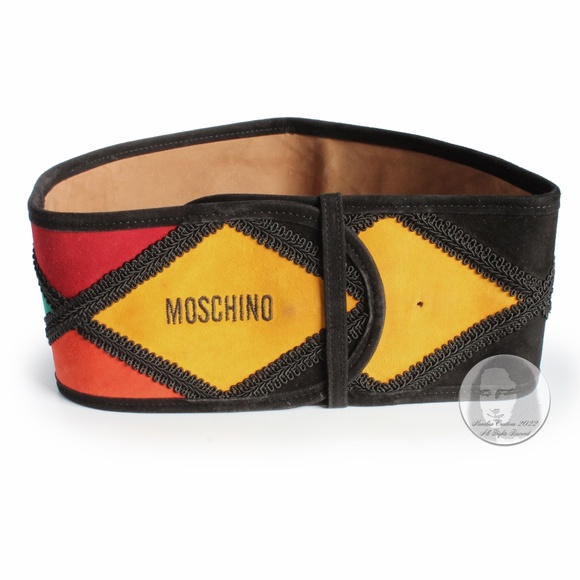 Moschino Wide Belt Suede Leather Harlequin Style Multicolor Rare Vintage 80s